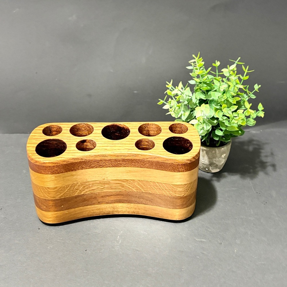 Handcrafted Striped Wood Curved Desk Organizer Pen Pencil Brush Holder 10 Slots